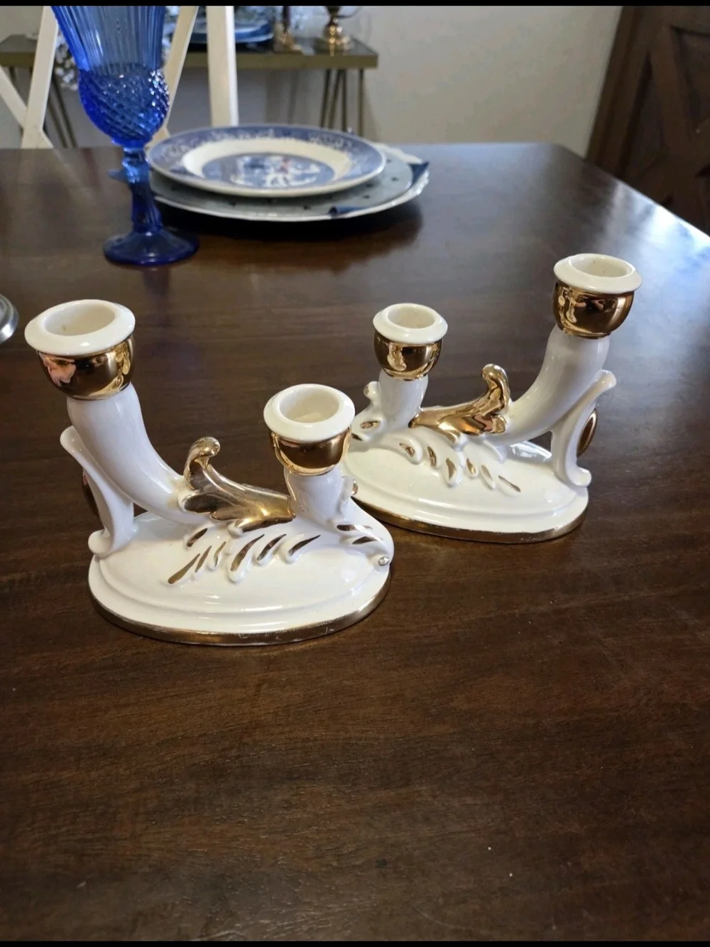 White and Gold Ceramic Double Candle Holders - Pair Vintage Victorian